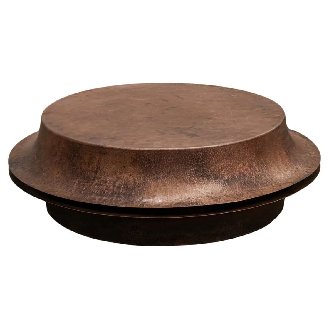 A round coffee table with a hammered copper surface. The table has a flared, stepped design, with the top surface slightly raised and the sides curving outwards before tapering down to a wider base. — 3D model