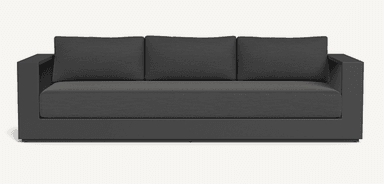 A modern three-seater sofa featuring a dark grey fabric upholstery and a minimalist, boxy silhouette. It includes three loose back cushions and a single, long seat cushion. The sofa has wide, square track arms and a low-profile base, contributing to its contemporary aesthetic. — 3D model