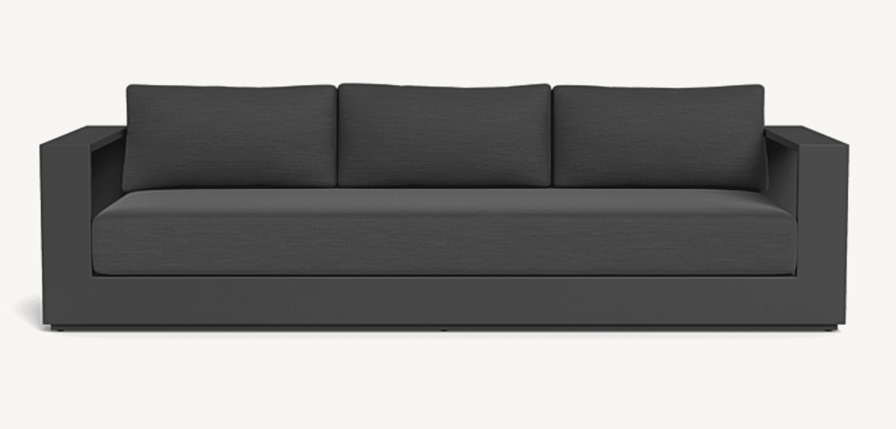 A modern three-seater sofa featuring a dark grey fabric upholstery and a minimalist, boxy silhouette. It includes three loose back cushions and a single, long seat cushion. The sofa has wide, square track arms and a low-profile base, contributing to its contemporary aesthetic. — 3D model