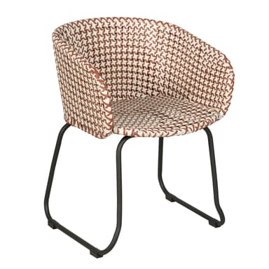 A modern armchair with a distinctive woven seat and back. The frame is constructed from dark metal, providing a sturdy base. The woven pattern features a repeating geometric design in alternating brown and white colors, creating a visually appealing texture. — 3D model