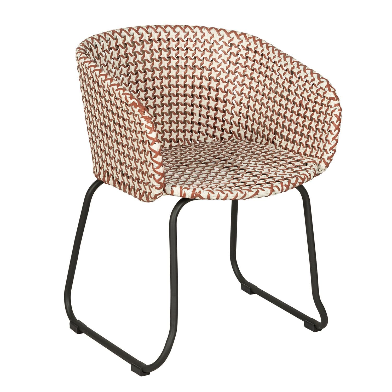A modern armchair with a distinctive woven seat and back. The frame is constructed from dark metal, providing a sturdy base. The woven pattern features a repeating geometric design in alternating brown and white colors, creating a visually appealing texture. — 3D model