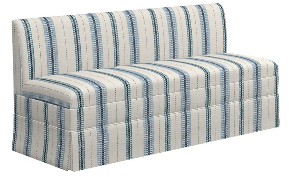 A upholstered bench with a high backrest. The bench features a vertical striped pattern in shades of blue and off-white, with a skirted base. The seat appears to have a storage compartment, indicated by the segmented appearance and stitching. — 3D model