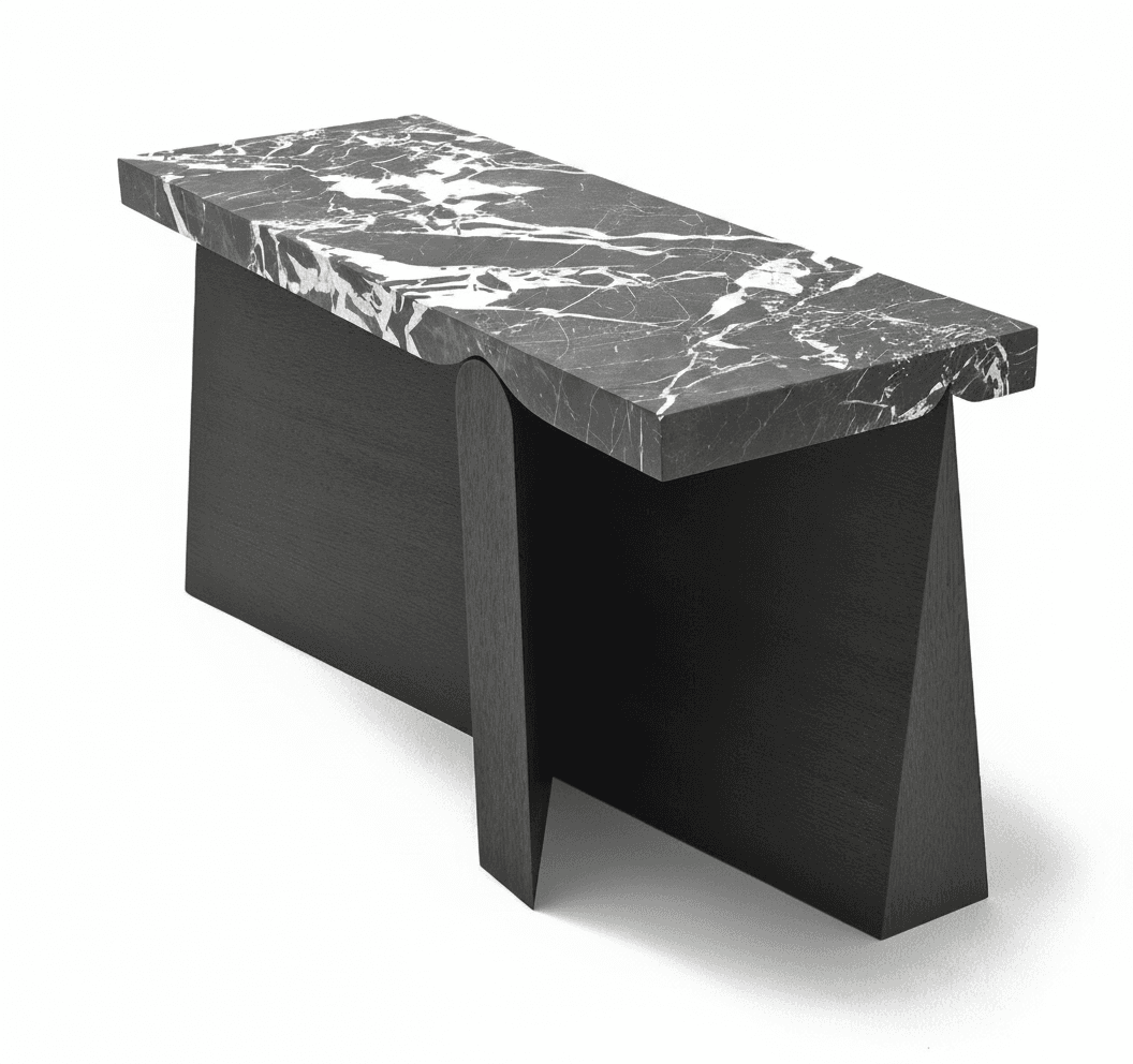 A contemporary console table with a rectangular marble top featuring a dramatic black and white veined pattern. The base consists of two solid, dark-colored wooden panels with a geometric, angular design. One panel is a solid rectangular block, while the other is a more intricately shaped piece with chamfered edges, creating a visually dynamic support structure. — 3D model