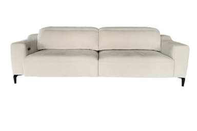 A modern, light-colored sofa with two attached seat cushions and a sleek, low-profile design. The sofa features a button-tufted pattern on the seat base, creating a geometric segmented appearance. It is elevated by thin, dark-colored legs, giving it a floating effect. The backrest is a continuous, softly padded surface. — 3D model