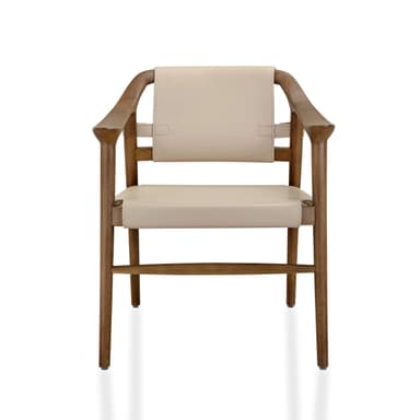 A contemporary armchair featuring a robust wooden frame with curved armrests and slung upholstery. The seat and backrest are constructed from light-colored leather or faux leather straps, securely fastened to the wooden structure with visible brass-toned hardware, creating a distinctive safari-inspired aesthetic. — 3D model