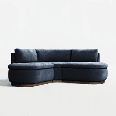 A modular sectional sofa upholstered in a dark blue textured fabric. The configuration includes at least two seat modules and a corner unit with a rounded chaise extension. The base of the sofa features a dark wood trim, likely veneer, with a slight curve that complements the overall design. The cushions are plush, and the backrests are integrated into the seat modules, with one angled backrest on the corner unit. — 3D model