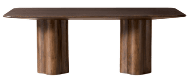 A dark, rectangular dining table with rounded corners and two thick, fluted pedestal legs. The table surface appears smooth and solid, while the legs have a pronounced wood grain texture and a unique, sculptural form. — 3D model