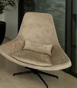 A modern upholstered lounge chair featuring a distinctive curved silhouette, light beige fabric upholstery, and a sleek black four-star swivel pedestal base. The chair includes an integrated, rectangular lumbar pillow for added comfort and ergonomic support. Its design is minimalist and contemporary, with clean lines and a welcoming form. — 3D model