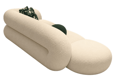 A contemporary, organically shaped modular sofa upholstered in a light-colored bouclé fabric, featuring rounded edges and a low-profile design. Several decorative pillows, including one with a green geometric pattern, are placed on it. — 3D model