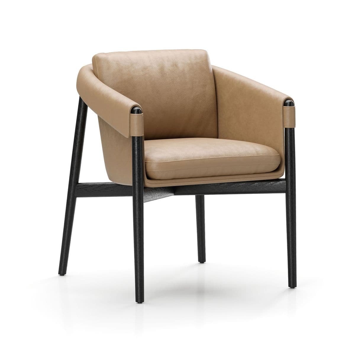 A modern barrel-back armchair featuring tan leather upholstery and an exposed black wood frame. The chair has a curved back and armrests, with the leather wrapping around the top of the frame. It includes a padded seat cushion and a back cushion, resting on a sturdy four-legged base. — 3D model