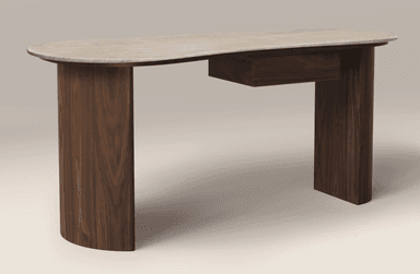 A modern console table featuring an organically shaped light-colored stone top, likely travertine or marble. It stands on two thick, half-round legs made of dark-toned wood, possibly walnut, which extend directly from the tabletop. An integrated, recessed drawer made of the same dark wood is situated beneath the tabletop. — 3D model