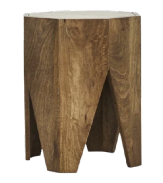 A compact, geometric side table or stool crafted from solid wood, featuring a hexagonal top and a body composed of faceted panels. The base is carved out to form six distinct, splayed leg-like supports, creating a visually interesting and stable foundation. The natural wood grain is prominent, showcasing varying tones of medium brown. The design is modern and sculptural. — 3D model