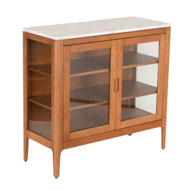 A rectangular display cabinet featuring a white marble top, light-toned wooden construction, and two framed glass doors. The cabinet stands on four tapered legs and includes internal shelving. — 3D model