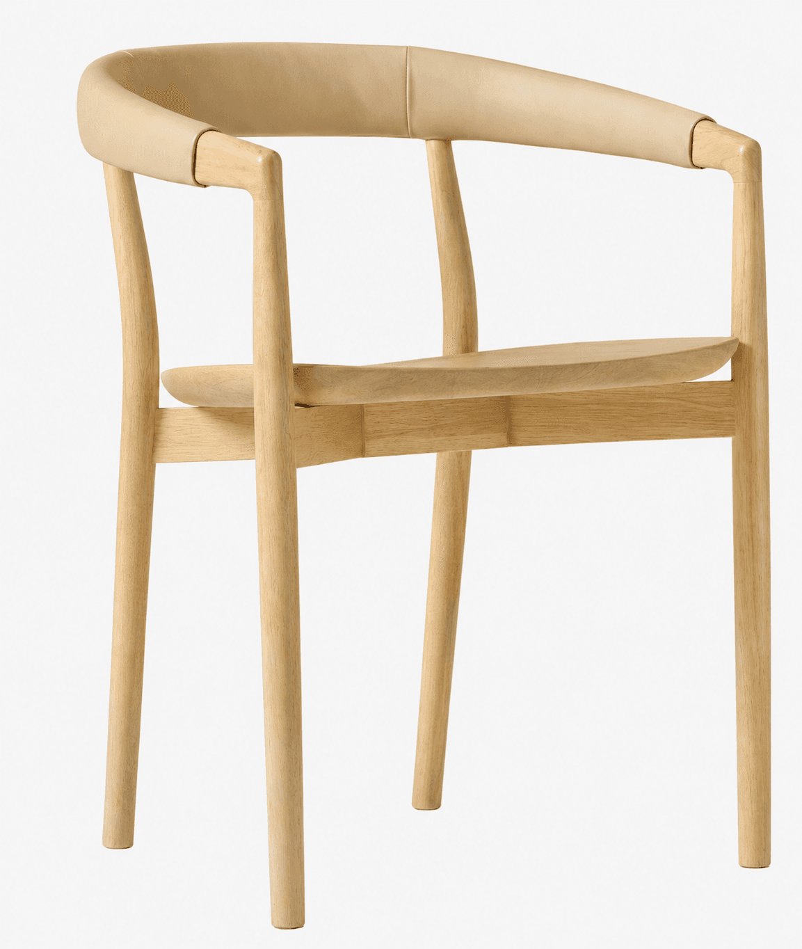 A Scandinavian modern dining armchair featuring a light-toned solid wood frame and a curved backrest upholstered in light beige leather. The chair has a sculpted wooden seat and four tapered legs. The leather upholstery seamlessly integrates with the wooden frame, forming both the backrest and the armrests. — 3D model