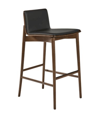 A modern bar stool featuring a dark-stained wooden frame, a gently curved wooden backrest, and a black upholstered seat. The stool has four tapered legs with integrated wooden footrests for stability and comfort. The overall aesthetic is clean and contemporary. — 3D model