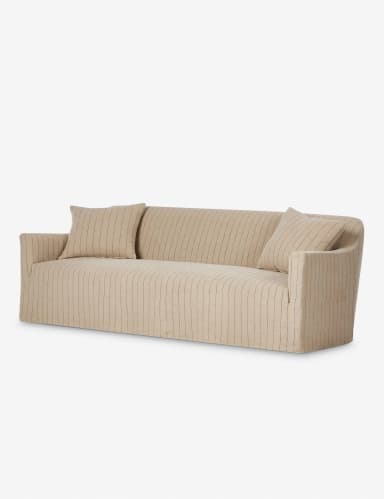 A modern upholstered loveseat featuring a skirted base and two back cushions, covered in a light beige fabric with subtle black vertical stripes. — 3D model