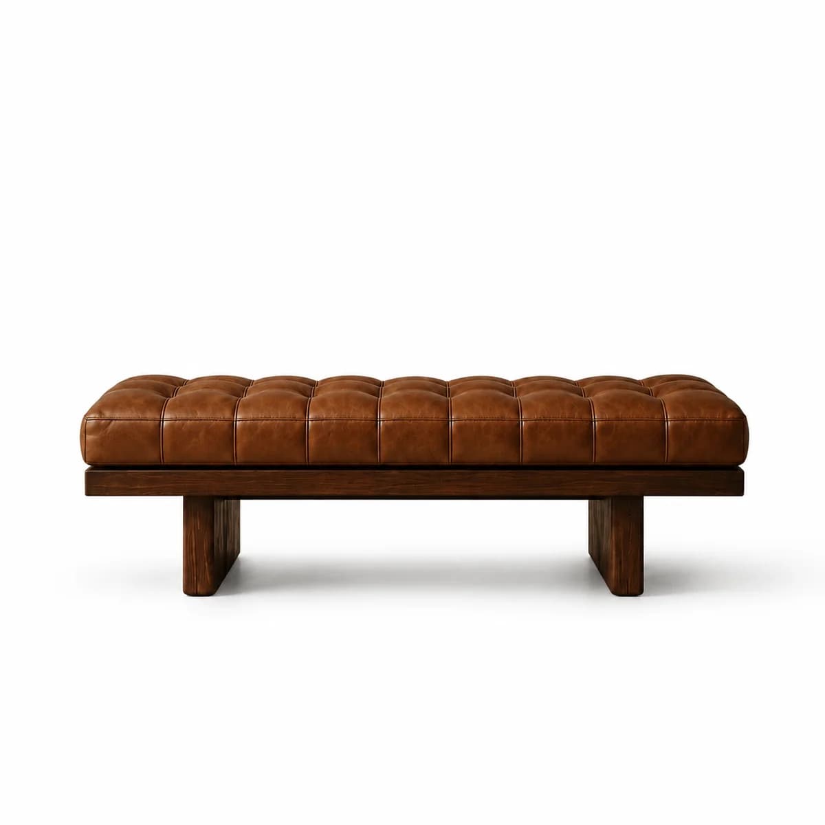 A long, rectangular bench featuring a tufted brown leather cushion set atop a sturdy dark wood base with block legs. — 3D model