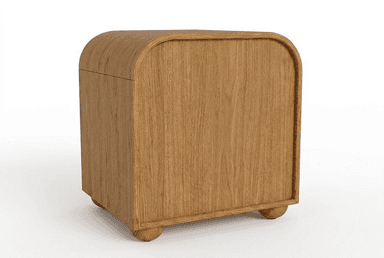 A two-drawer nightstand with a rounded top and curved sides. The drawer fronts are made of cane webbing, framed by a wooden border. The nightstand is supported by two rounded feet at the front. It features brass-colored bar handles on each drawer. — 3D model