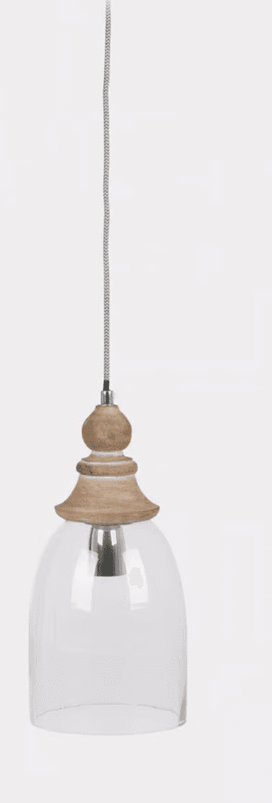 A modern pendant light featuring a natural wood finial and a clear bell-shaped glass shade, suspended by a grey braided textile cord. The light fixture has a minimalist design, showcasing the grain of the wood and the transparency of the glass. — 3D model