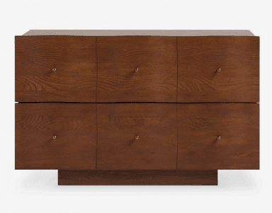 A modern, rectangular chest of drawers crafted from dark-stained wood, featuring six individual drawers, each equipped with a small brass knob, all resting on a recessed plinth base. — 3D model