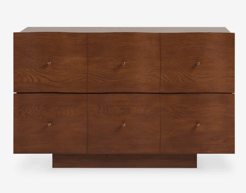 A modern, rectangular chest of drawers crafted from dark-stained wood, featuring six individual drawers, each equipped with a small brass knob, all resting on a recessed plinth base. — 3D model