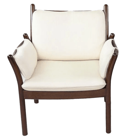 A dark-stained wooden armchair with a tall, slightly curved back and integrated armrests. The chair features upholstered cushions for the seat and back, rendered in a light, off-white fabric. The frame exhibits a minimalist design with slender legs and support structures, suggestive of mid-century modern aesthetics. — 3D model