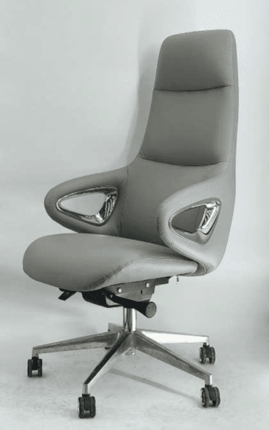 A modern high-back executive office chair upholstered in a light grey material, likely leather or faux leather. It features a contoured backrest and seat, integrated armrests with distinctive polished metal cutouts, and a five-star polished aluminum or chrome swivel base equipped with caster wheels. The chair appears to have adjustable mechanisms for height and tilt located beneath the seat. — 3D model