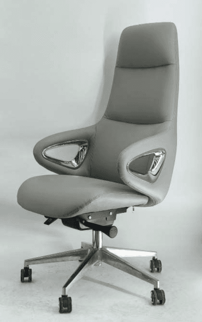 A modern high-back executive office chair upholstered in a light grey material, likely leather or faux leather. It features a contoured backrest and seat, integrated armrests with distinctive polished metal cutouts, and a five-star polished aluminum or chrome swivel base equipped with caster wheels. The chair appears to have adjustable mechanisms for height and tilt located beneath the seat. — 3D model