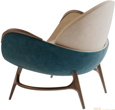A modern armchair with a curved, organic silhouette. The chair features a high back that wraps around to form armrests. The exterior shell is upholstered in a dark teal fabric, contrasting with the light beige upholstered interior seating and backrest. The frame and legs are constructed from dark wood with a visible grain, exhibiting a sleek, minimalist design. — 3D model