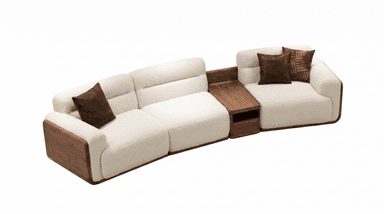 A contemporary modular sectional sofa featuring cream-colored boucle upholstery on plush seating and backrests, accented by dark walnut wood frames with rounded edges. The sofa includes an integrated wooden console table between two seating modules, offering both surface space and a lower storage compartment. — 3D model