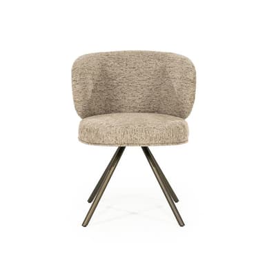 A modern armchair with a curved backrest and a upholstered seat. The chair features a four-legged pedestal base with splayed legs, constructed from metal. The upholstery has a textured woven pattern. The chair appears to be designed for dining or accent seating. — 3D model