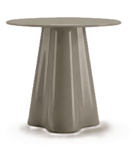 A contemporary round-top accent table featuring a unique, fluted pedestal base with a sculptural form, finished in a solid neutral taupe color. — 3D model