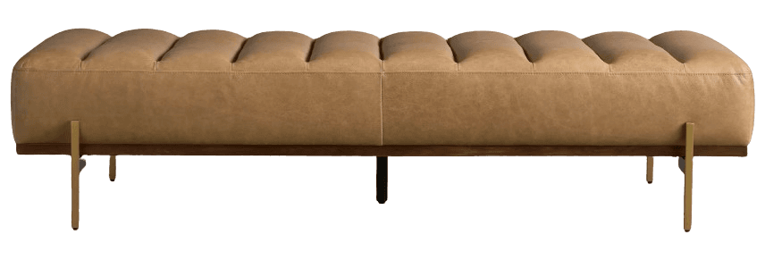 A contemporary bench featuring channel-tufted tan leather upholstery, a dark wooden base, and sleek brass-finished metal legs. Its elongated form suggests versatile use in various interior settings. — 3D model