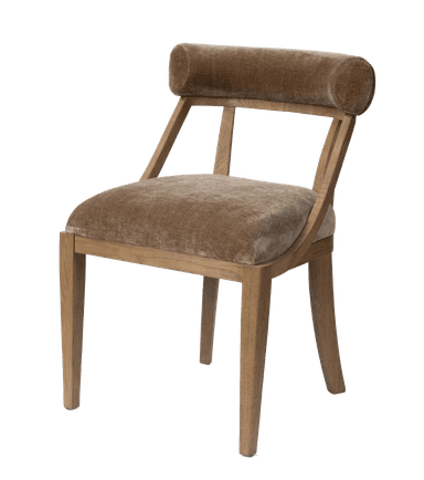 An armless dining chair featuring a light wood frame and velvet upholstery on the seat and a distinctive curved backrest. The chair exhibits a minimalist and contemporary design. — 3D model