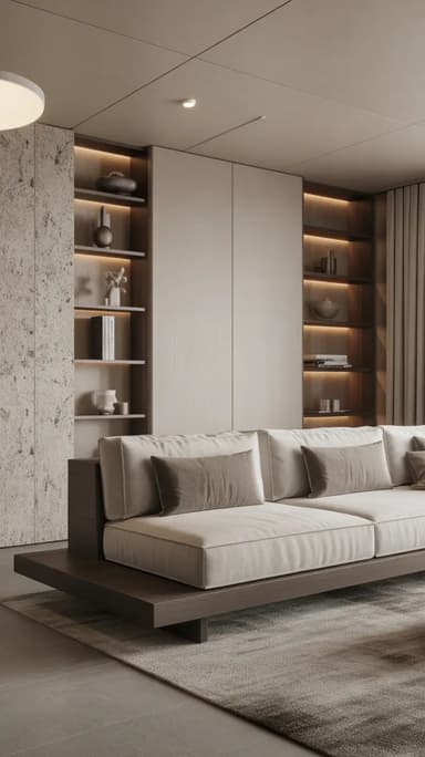 A contemporary two-seater loveseat featuring a dark wood platform base that extends beyond the upholstered seating area, providing integrated side surfaces. The seating consists of thick, light-colored fabric cushions for the seat and back, complemented by two smaller grey accent pillows. The design is characterized by its low profile and clean, minimalist lines. — 3D model
