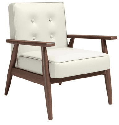 A mid-century modern style armchair featuring a dark wood frame, light-colored upholstered cushions, and button tufting on the backrest. — 3D model