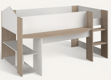 A loft bed designed with integrated desk and shelving space. The bed frame is elevated, with a desk surface extending from the front. Stair access is provided on the right side, with shelving integrated beneath the desk on the left. The construction features a combination of white and wood-grain finishes. — 3D model