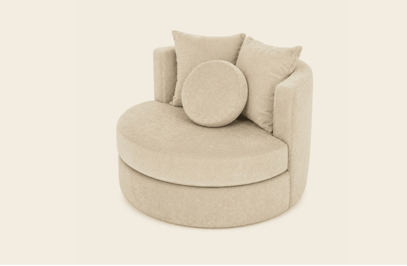 A large, round, fully upholstered swivel accent chair in a light beige textured fabric, accompanied by two square and one round loose back cushions. — 3D model