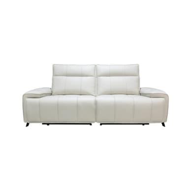 A modern two-seater upholstered loveseat featuring a power reclining mechanism. The loveseat is finished in a light, possibly off-white, leather or faux leather. It has adjustable headrests, a segmented back design, and sleek black tapered legs. A control panel for the reclining function is visible on the armrest. — 3D model