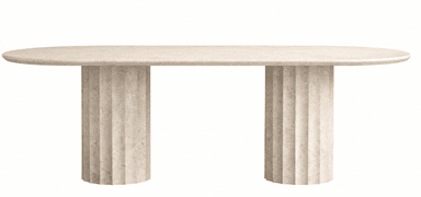 A modern oval table crafted from light-colored travertine stone, featuring a thick, smooth tabletop supported by two robust, fluted cylindrical pedestals. The stone exhibits natural texture and coloration. — 3D model