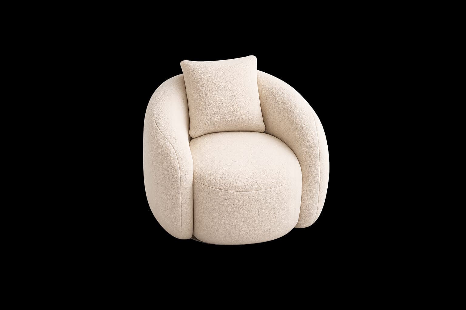 A cream-colored boucle upholstered barrel-shaped accent chair with rounded, integrated arms and a separate back cushion. — 3D model