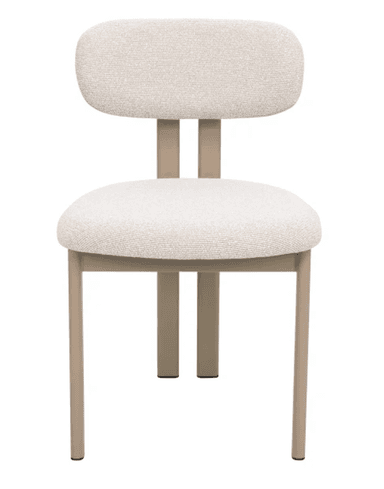 A contemporary armless chair featuring an upholstered seat and a detached, rounded backrest. The chair is supported by four straight, cylindrical metal legs in a matte light beige or taupe finish. The upholstery is a textured, light cream or off-white fabric. — 3D model