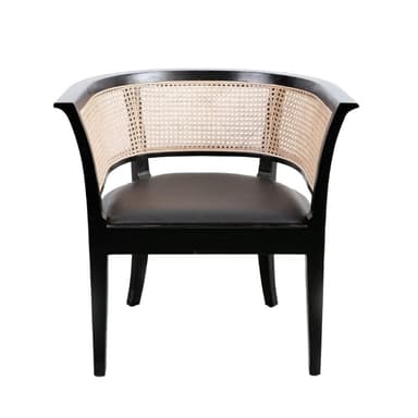 An elegant armchair featuring a black wooden frame with a curved backrest and natural cane webbing. The seat appears to be upholstered in a dark material, likely black leather or fabric. The chair has a classic yet versatile design. — 3D model