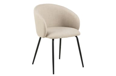A contemporary dining armchair featuring a bucket-style seat and integrated armrests, all upholstered in a light beige, textured fabric. The chair is supported by four slender, tapered black metal legs. — 3D model