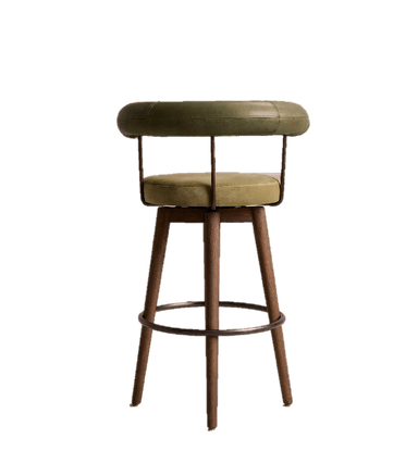 A bar stool with a padded backrest and seat. The stool has a metal frame supporting the backrest and seat, and wooden legs with a circular footrest. The upholstery appears to be leather or a similar material. — 3D model