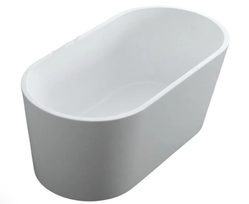 A pristine white freestanding bathtub with a contemporary oval shape. The tub features smooth, seamless construction and a deep basin, indicative of modern design. It is presented against a stark white background, emphasizing its clean lines and minimalist aesthetic. — 3D model