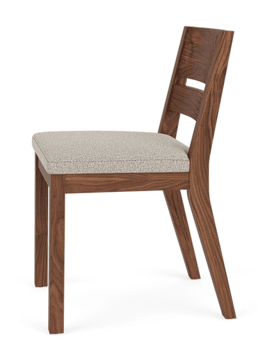 A modern dining chair constructed from walnut wood, featuring an upholstered seat in a light grey or beige fabric and a backrest with two horizontal slats. — 3D model