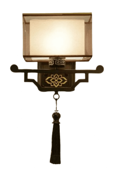 A traditional Asian-inspired wall sconce featuring a rectangular fabric shade mounted on a decorative dark metal backplate. The backplate incorporates traditional geometric patterns and a central stylized floral motif, finished with a dark, possibly bronze-toned, metal. A decorative tassel hangs from the bottom of the fixture. — 3D model
