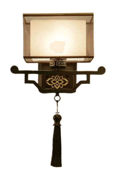 A traditional Asian-inspired wall sconce featuring a rectangular fabric shade mounted on a decorative dark metal backplate. The backplate incorporates traditional geometric patterns and a central stylized floral motif, finished with a dark, possibly bronze-toned, metal. A decorative tassel hangs from the bottom of the fixture. — 3D model