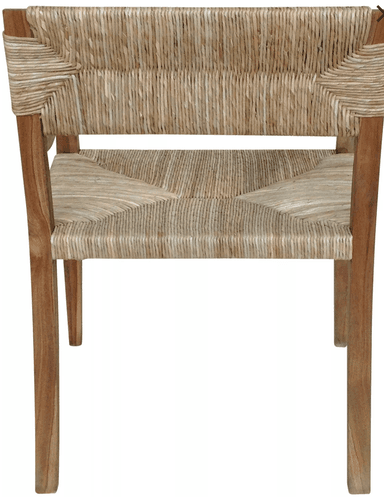 A wooden armchair with a woven seat and backrest. The frame is constructed from dark brown wood, exhibiting a natural grain pattern. The seat and back are made of tightly woven natural fibers, likely rush or seagrass, in a light beige to tan color. The armrests are curved and flow smoothly from the back supports to the front legs. The legs are straight and taper slightly towards the bottom. — 3D model